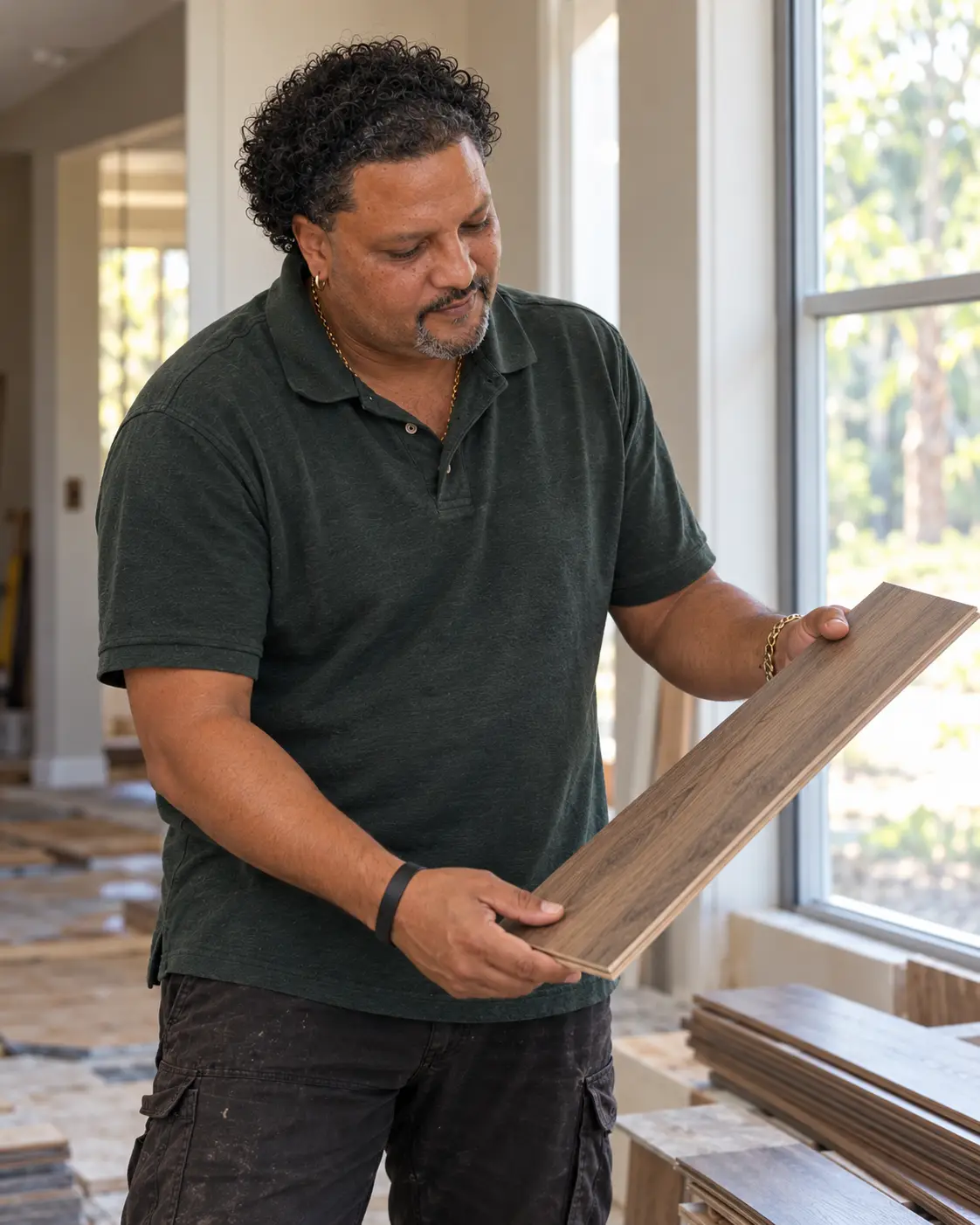 Mark Boodoo examining a wood flooring sample by a window