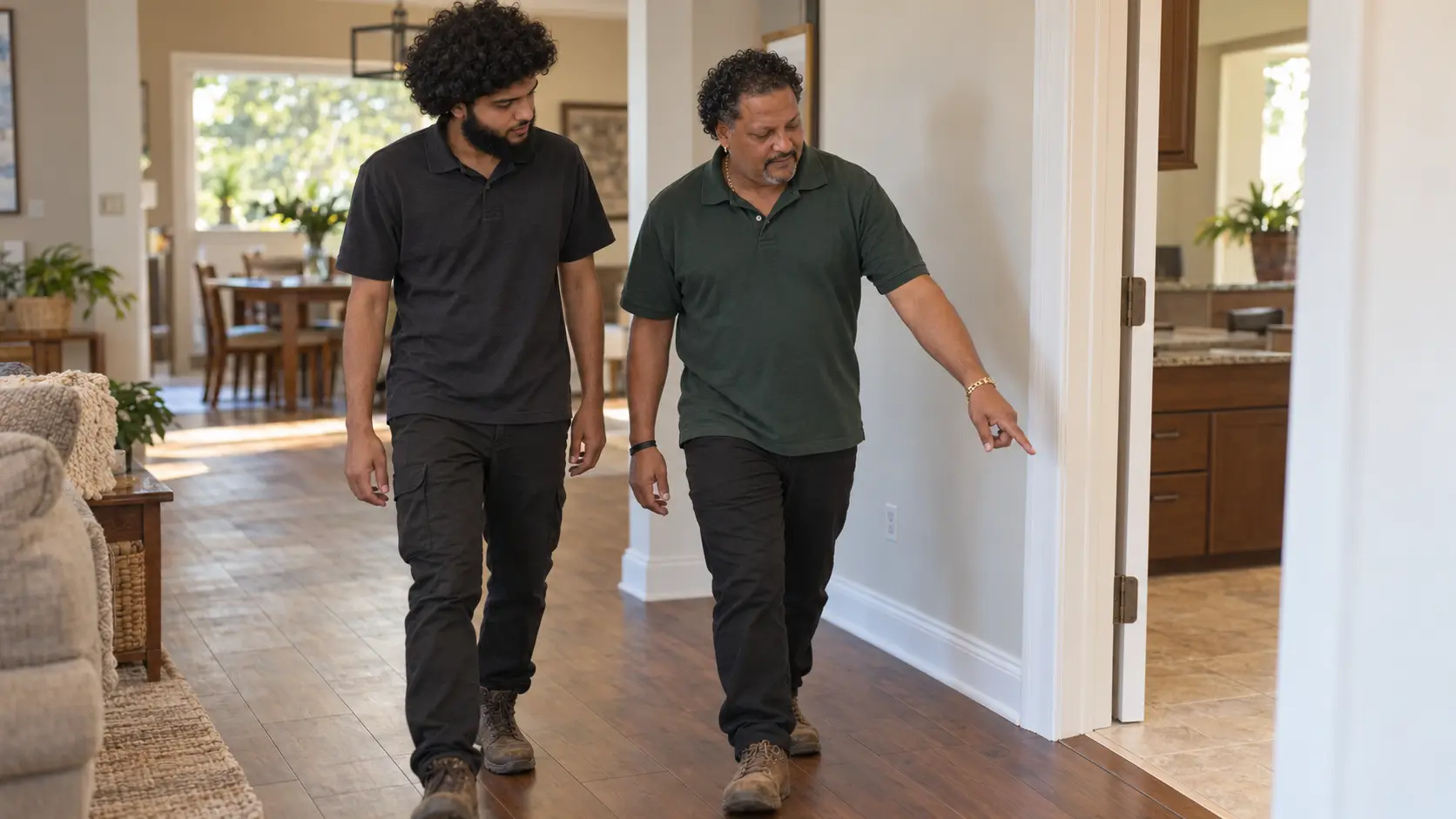 Mark and Matthew walking through a finished room and inspecting a flooring transition
