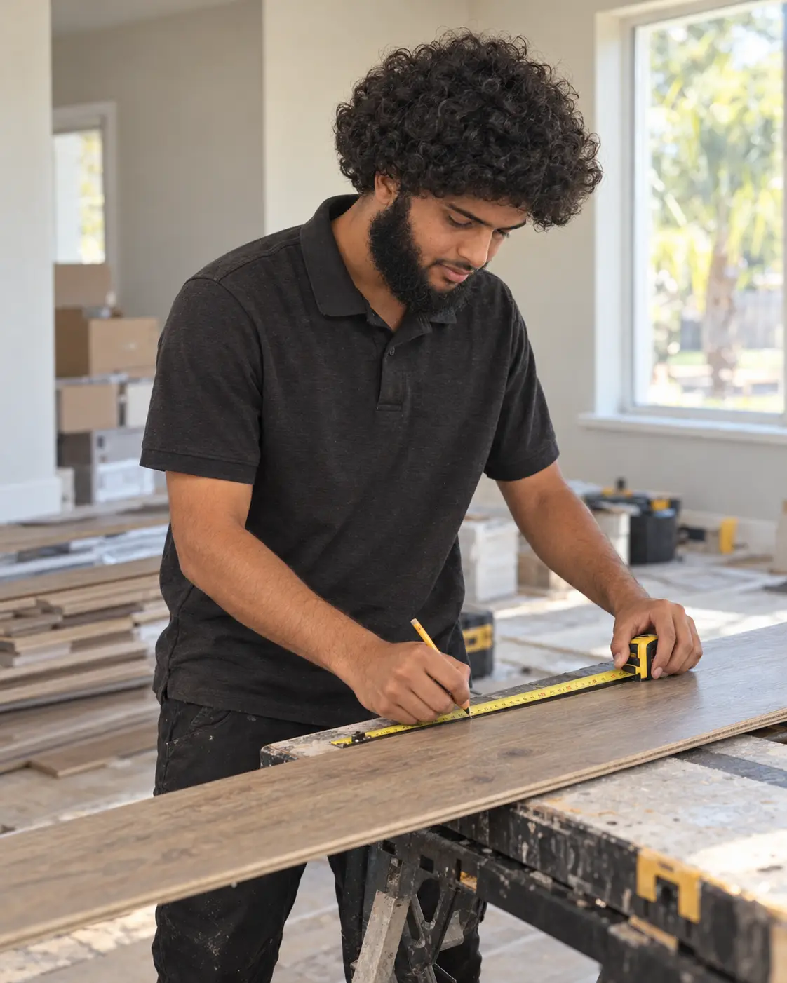Matthew measuring and marking a wood flooring plank at a workbench