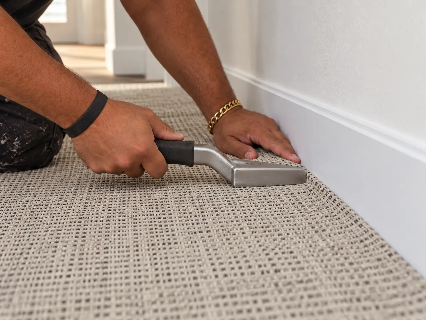 A flooring craftsman carefully finishing a carpet edge along a baseboard