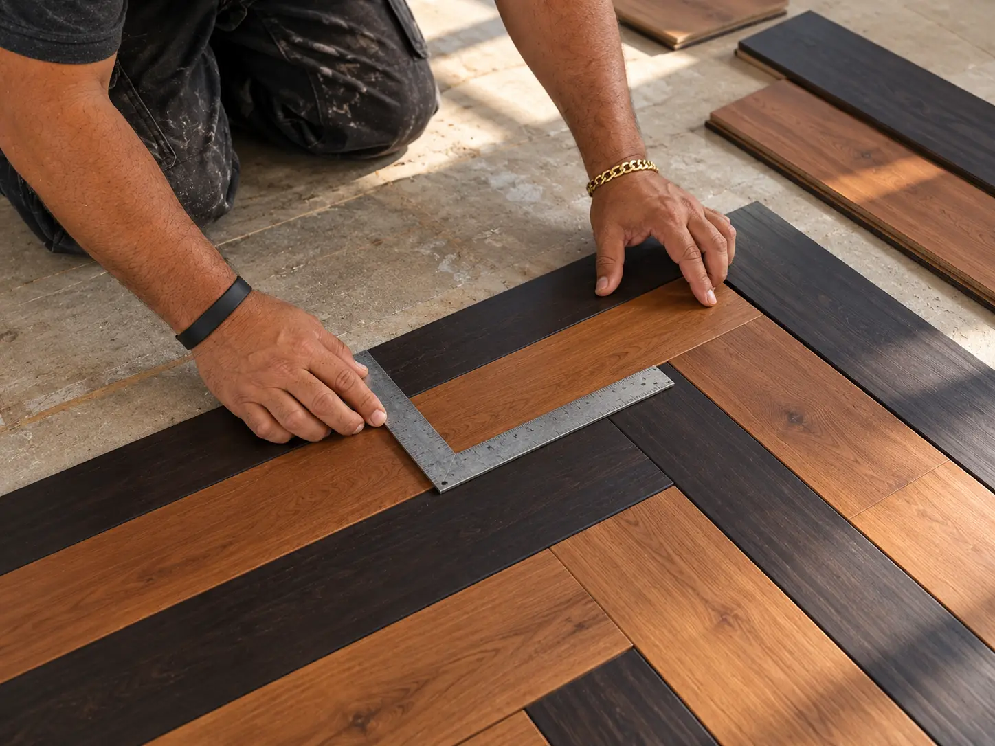 A flooring craftsman checking the alignment of a two-tone geometric floor pattern