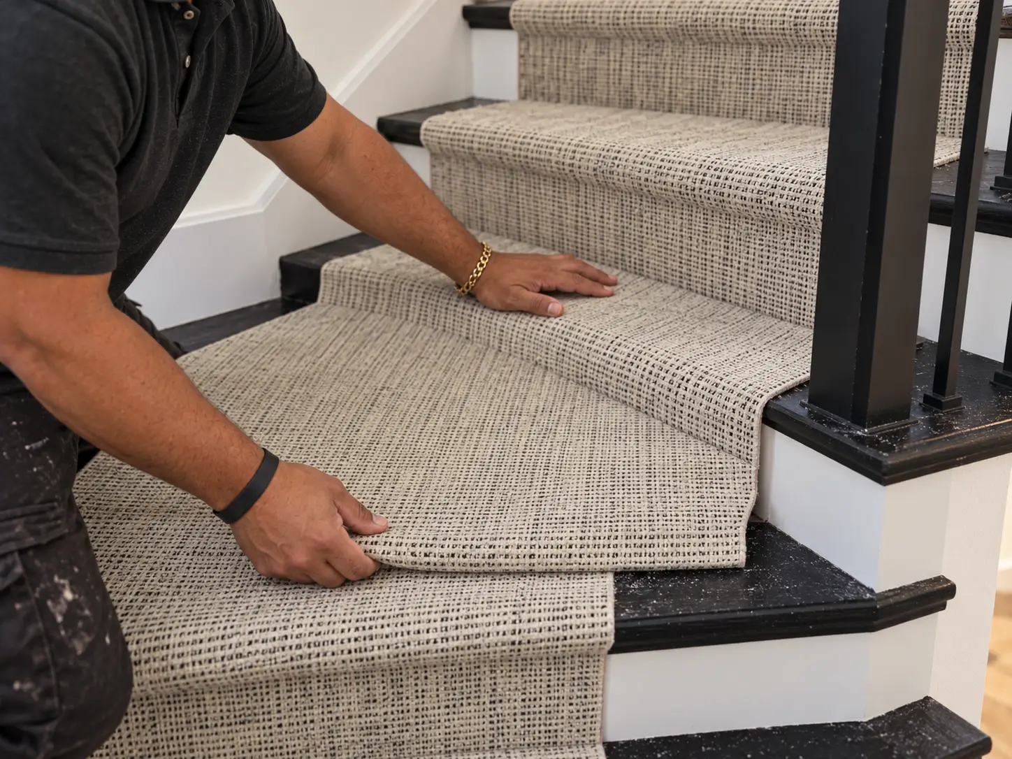 A flooring craftsman aligning a stair runner around a turning landing