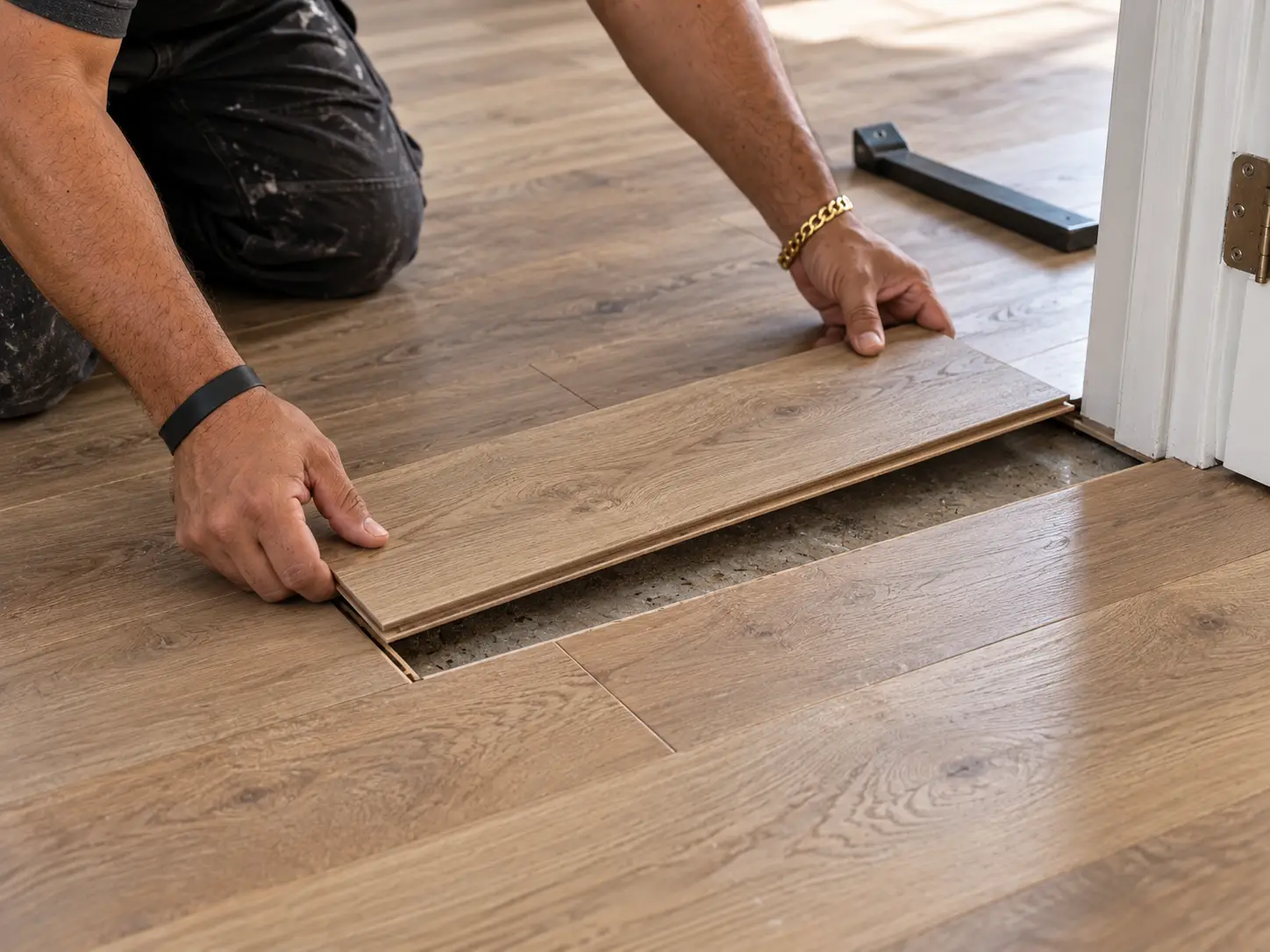 A replacement floorboard being dry-fitted near a doorway transition