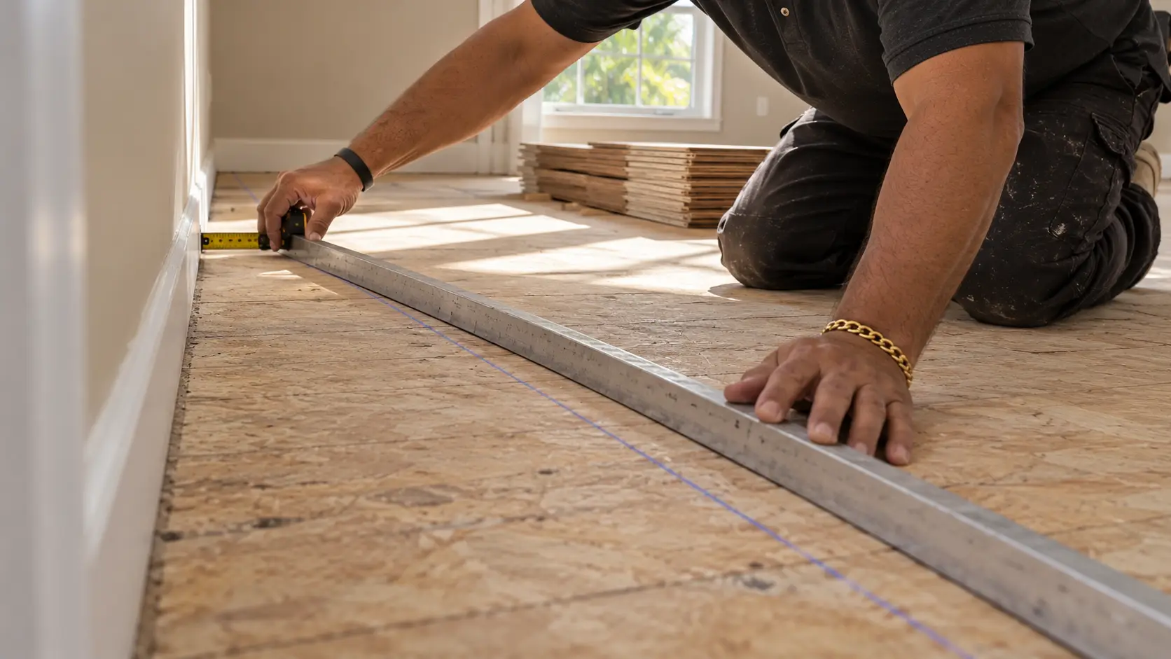 A flooring craftsman checking a layout line across a prepared subfloor