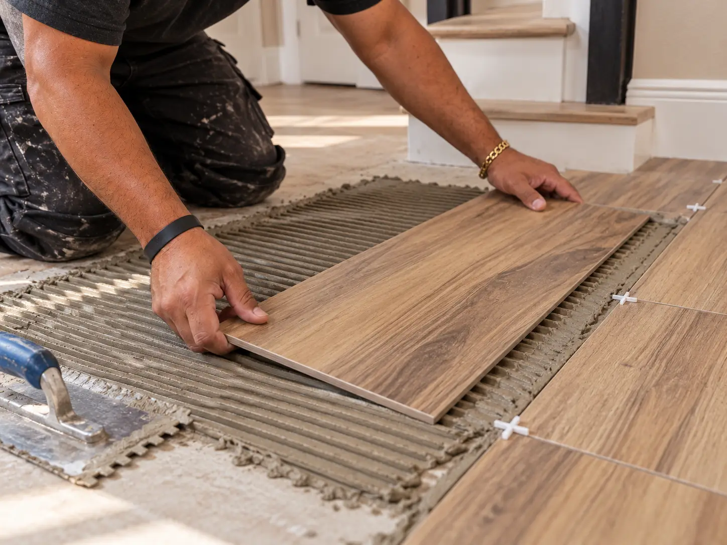 A flooring craftsman setting wood-look tile into prepared thinset with spacers