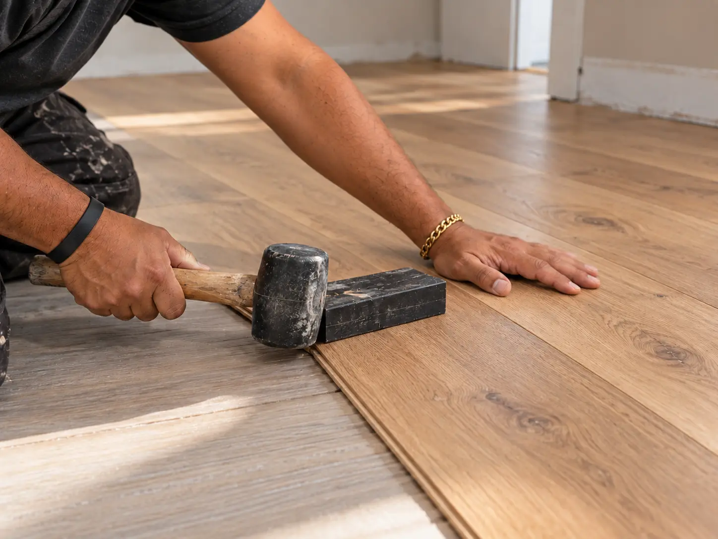 A flooring craftsman aligning a wood plank and checking the joint during installation